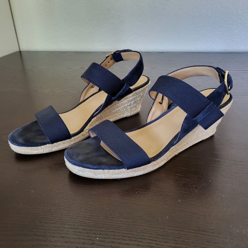 Talbots Womens Sandals Navy Blue Wedge Suede Fabric Upper Elastic Size 8.5M